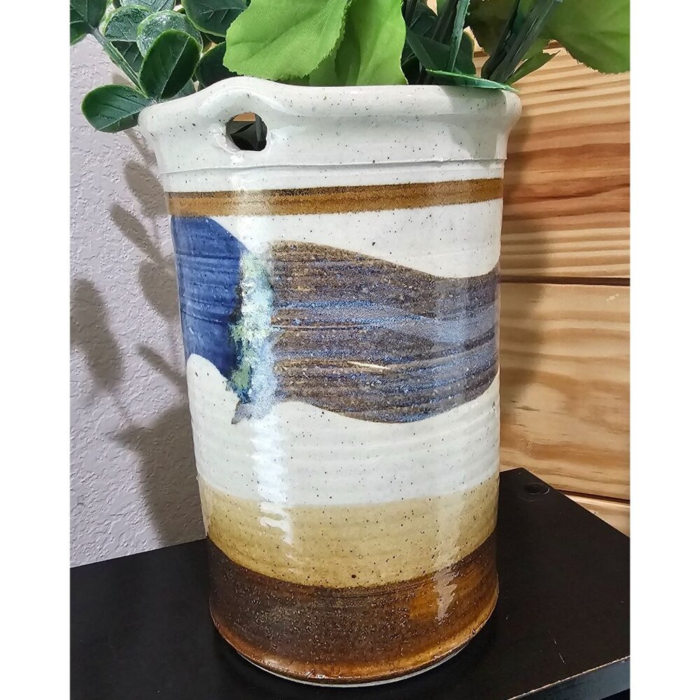Signed Studio Pottery Vase Cream Blue Brown 7"
